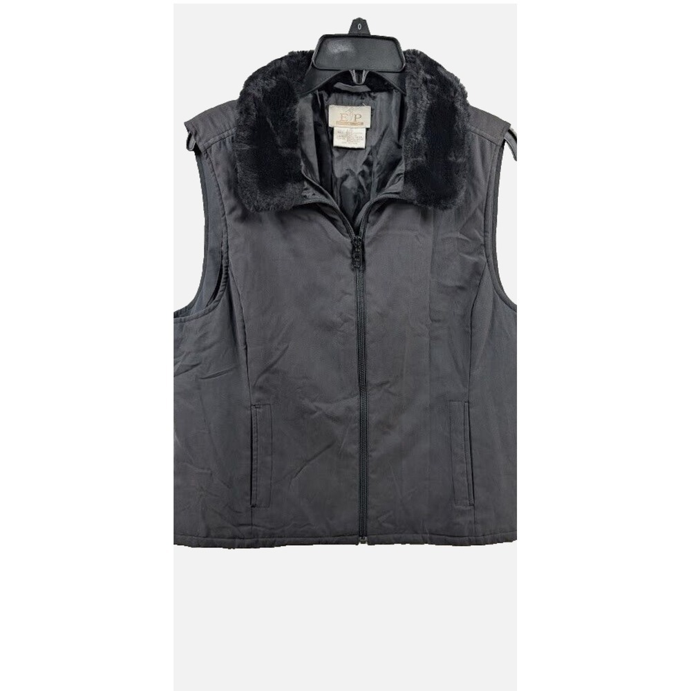 EP Sport Women's Black Faux Fur Collar Vest‎ Puffer Quilted Lined M